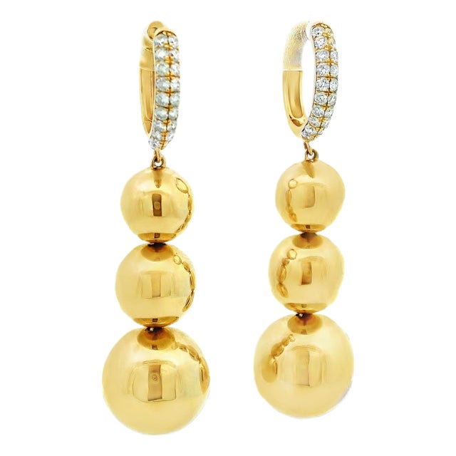 14k Gold & Diamond Bead Drop Earrings — Signed Td, 1990s–2000s, A Pair For Sale