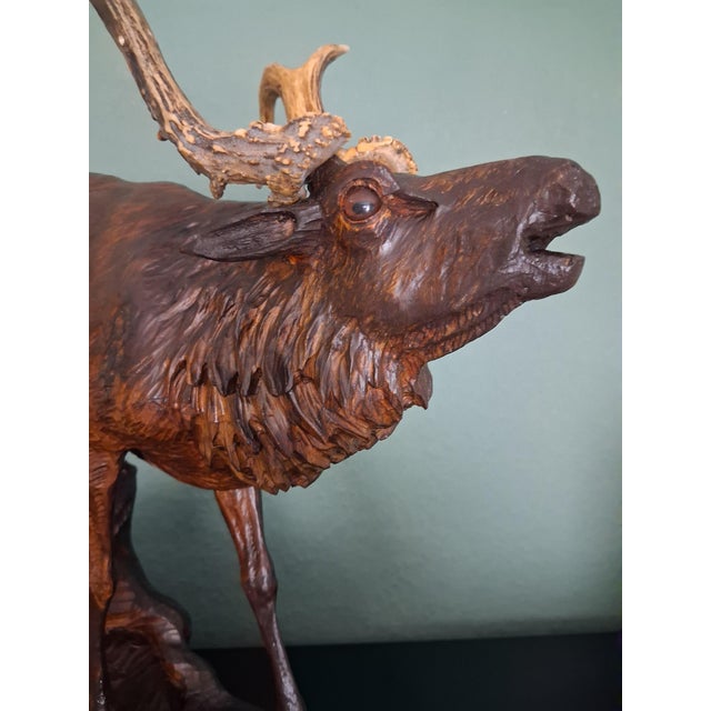 Antique Black Forest Glass and Carved Wood Sculpture of a Roaring Stag, 1950s For Sale - Image 3 of 10