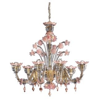 Venetian Gold and Pink Floral Murano Glass Chandelier by Simoeng For Sale