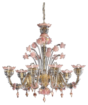 Venetian Gold and Pink Floral Murano Glass Chandelier by Simoeng