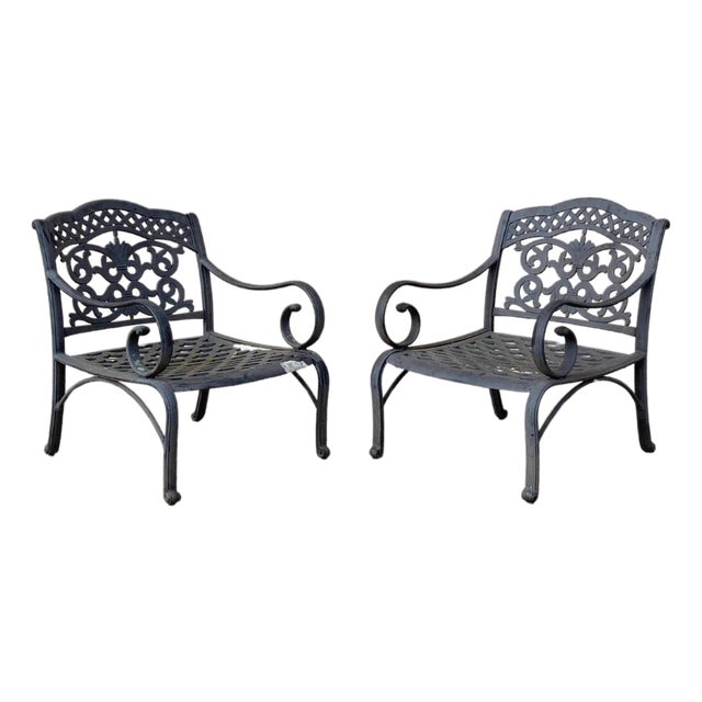 Cast Aluminum Mediterranean Tuscan Scrolling Garden Patio Club Chairs - A Pair For Sale