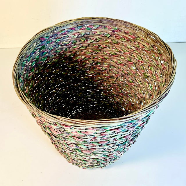 1970s Vintage Boho Chic Coastal Colorful Dyed Wicker Wastebasket. For Sale - Image 6 of 12