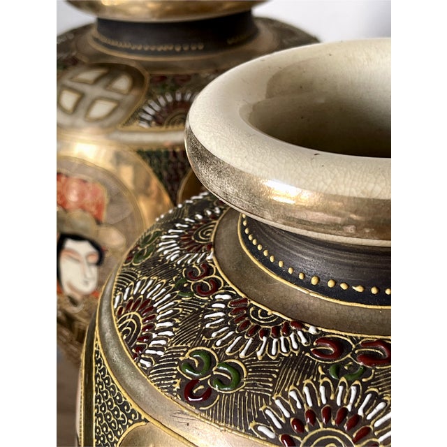 Ceramic Japanese Satsuma Polychrome Vases with Gilt Decoration and Figures, 1890s, Set of 2 For Sale - Image 7 of 13