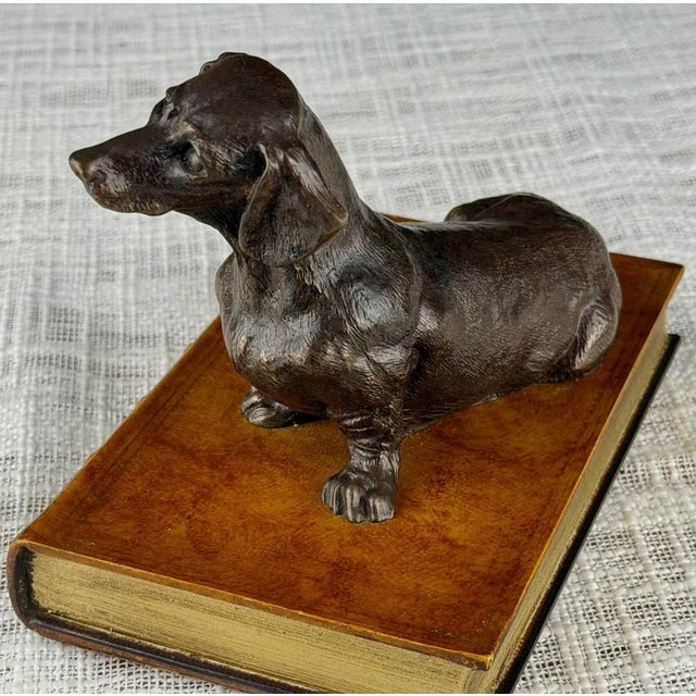 1970s Bronze Dachshund Paperweight on Leather Base For Sale - Image 16 of 18