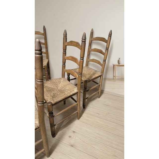 Rustic Vintage Wooden Ladder-Back Dining Chairs with Woven Seats, 1940s, Set of 6 For Sale - Image 3 of 11