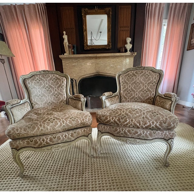 1970s Louis XVI Style Distressed Cream Painted Bergere Chairs - A Pair For Sale - Image 5 of 12