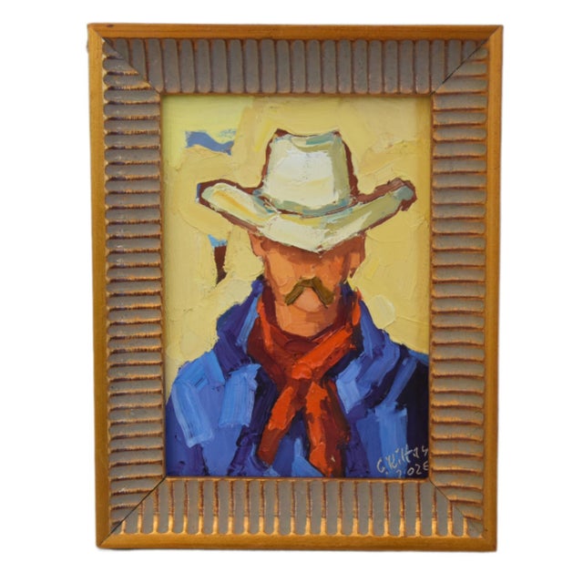 2020s Impressionist Farmhouse Western Cowboy Painting Including the Antiqued Gold Wood Frame For Sale - Image 5 of 5