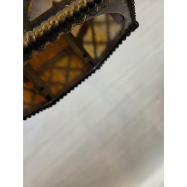 1920s Gothic Tudor Ecclesiastical Gold Painted Metal & Slag Glass Fixture Chandelier For Sale - Image 9 of 10