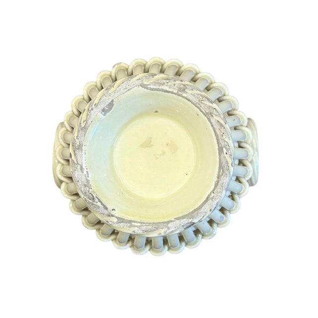 Vintage English Creamware Ivory Woven / Open Weave Reticulated Basket / Basketweave Ring Handled Jardiniere / Cache Pot / Cachepot / Planter For Sale - Image 11 of 11