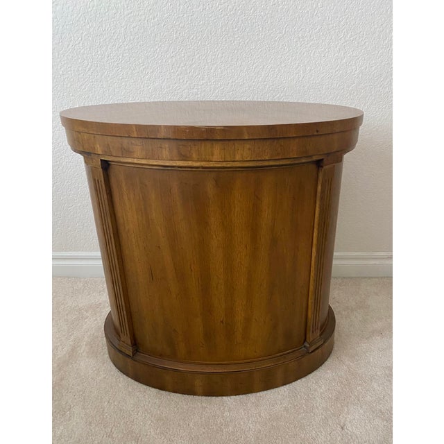 Wood Vintage MCM Drexel Francesca Oval Drum Storage Table Cabinet Mid Century Excellent Condition. For Sale - Image 7 of 13