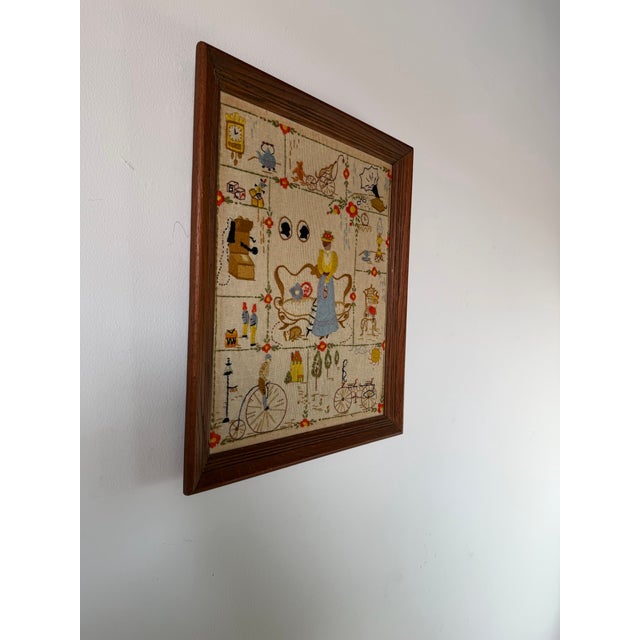 Vintage Framed Needlepoint Textile Wall Art With Whimsical Domestic Scene For Sale - Image 4 of 11
