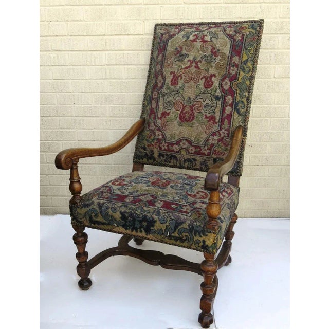 French Walnut Louis XIII Arm Chair Needle Work Upholstery For Sale - Image 4 of 5