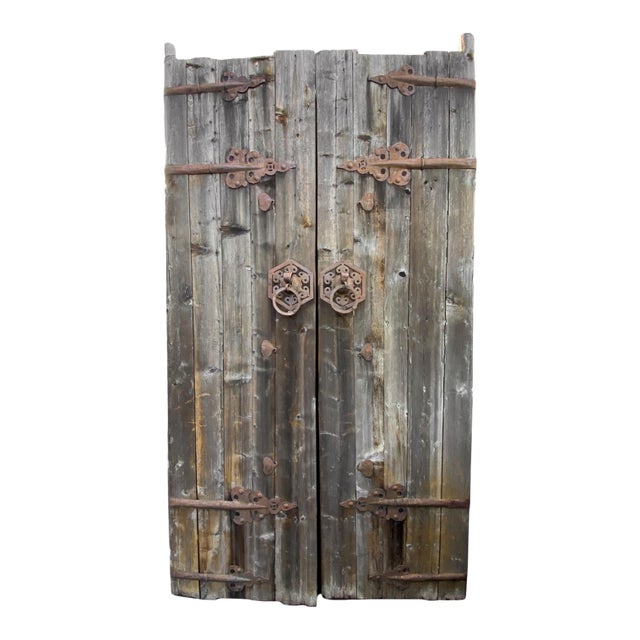 Old Antique Mongolian Rustic Pine & Iron Doors For Sale