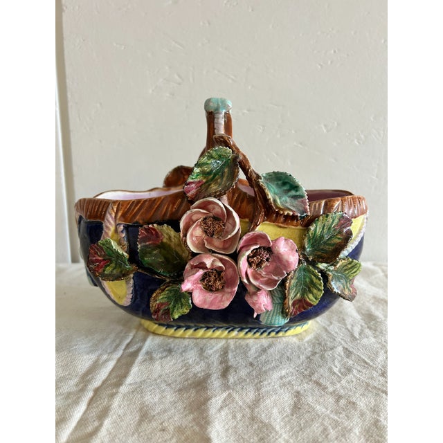 Gorgeous Antique French Barbotine Majolica Basket Vase Applied Rose Vase. In the shape of a wide basket. Perfect for...