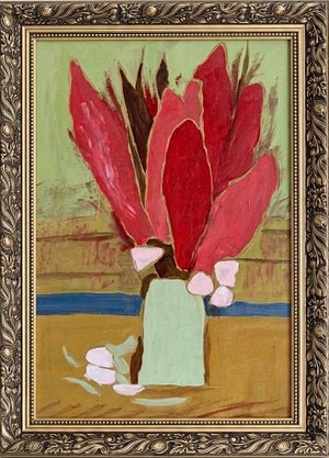 Red Gladiolus Still Life Painting – After Vincent Van Gogh – Framed, Acrylic on Canvas, 16 X 24 In