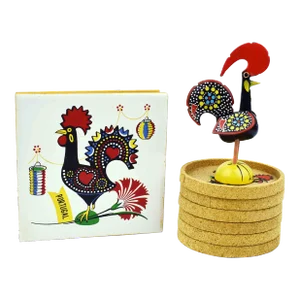 Late 20th Century Hand-Painted Rooster Design Match Box and Coasters Set Made in Portugal- 8 Pieces