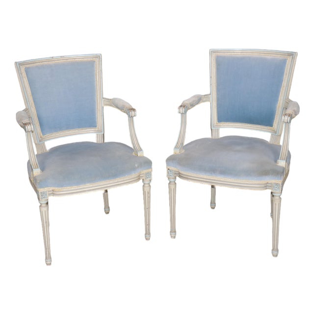 Pair of French Louis XVI Style Creme & Blue Paint Decorated Armchairs C. 1930's For Sale