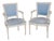 Pair of French Louis XVI Style Creme & Blue Paint Decorated Armchairs C. 1930's For Sale