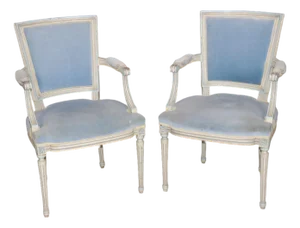 Pair of French Louis XVI Style Creme & Blue Paint Decorated Armchairs C. 1930's