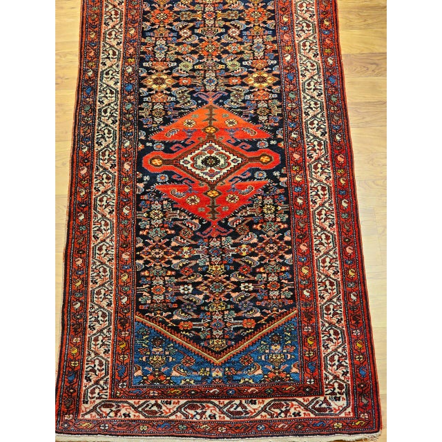 Vintage Persian Malayer Runner Rug, Hand-Knotted Wool, Geometric Pattern, 3x20, Navy & Red For Sale - Image 9 of 14