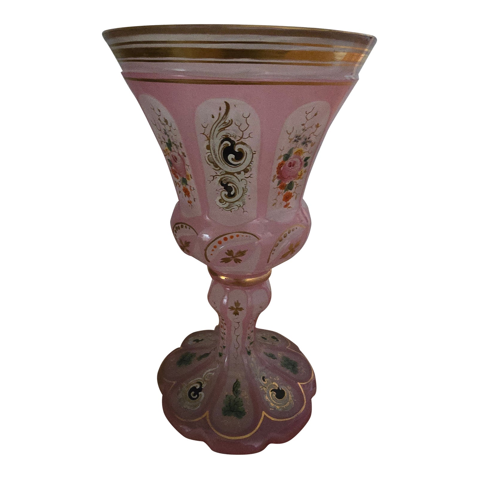 Antique Moser Bohemian Glass Overlay Pink Opaline Goblet | Chairish