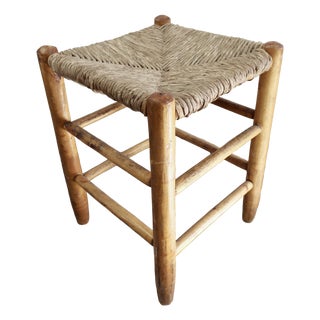 Vintage Low Stool in Honey-Yellow Tones of Wood Straw Seat, 1980s For Sale