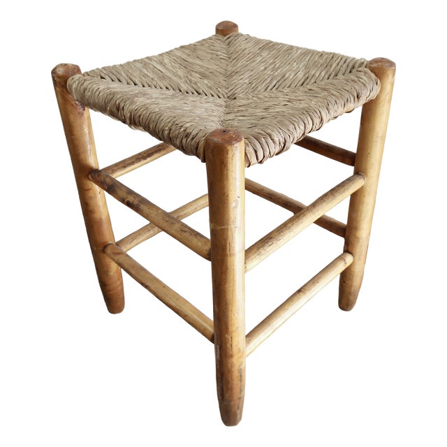 Vintage Low Stool in Honey-Yellow Tones of Wood Straw Seat, 1980s For Sale