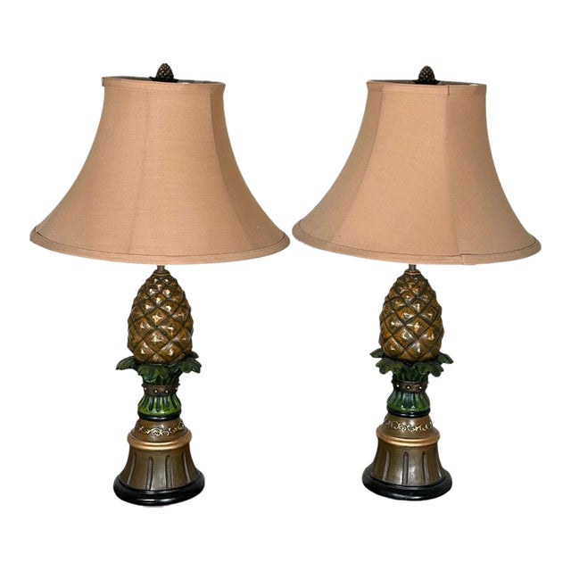 Vintage Hollywood Regency Painted Composition Pineapple Lamps - A Pair For Sale