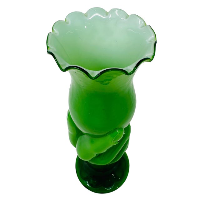 Vintage 1970s Green Art Glass Hand Vase | Mid Century Modern Emerald Green Overlay | Ruffled Scalloped Rim Bud Vase MCM Home Decor For Sale In Tampa - Image 6 of 9