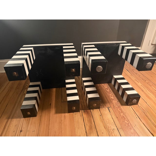 Black Postmodern Black & White Stripe Tessellated Marble Accent Tables For Sale - Image 8 of 9