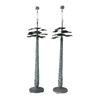 Vintage Monumental Sculptural Verdigris Palm Tree Floor Lamps, Attributed to Maison Jansen-Pair For Sale