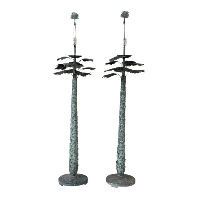 Vintage Monumental Sculptural Verdigris Palm Tree Floor Lamps, Attributed to Maison Jansen-Pair For Sale