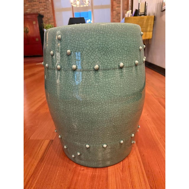 Chinese Mid 20th Century Celadon Crackle Glaze Ceramic Garden Stool / Accent Stool For Sale - Image 3 of 5