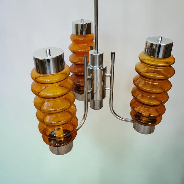 Brown Tall Mid-Century Modern Chandelier in Amber Brown Glass and Chrome, 1970s For Sale - Image 8 of 10