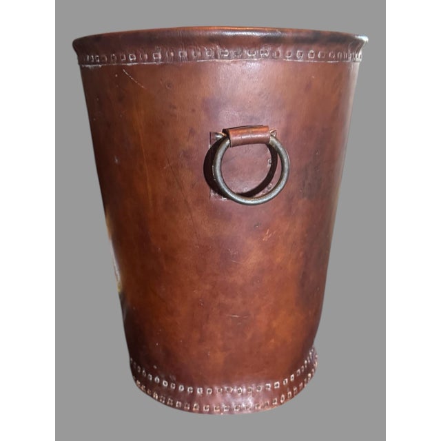 Vintage Antique 13" Leather Stitched Waste Basket Can With Ring Handles For Sale - Image 6 of 12