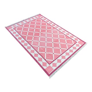 Handmade Cotton Natural Vegetable Dyed Reversible Pink and White Checked Tile Rug - 12'x15' For Sale
