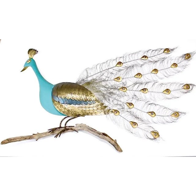 Brass Blue Peacock on Branch Wall Sculpture For Sale In Fayetteville, AR - Image 6 of 6