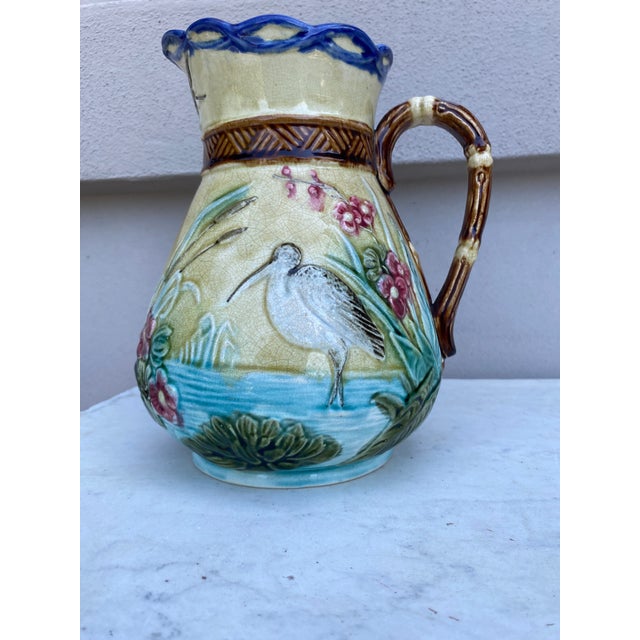 Rustic 19th Century Belgium Majolica Bird Stork Pitcher For Sale - Image 3 of 7