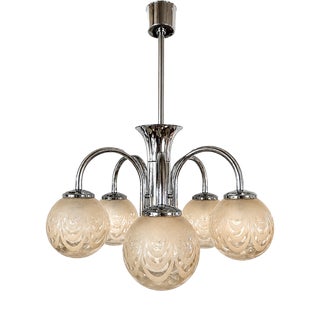 Art Deco Five-Light Chrome Chandelier with Etched Glass Globes, 1940s For Sale