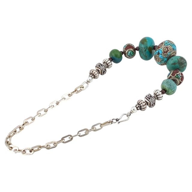 Chunky Chinese Turquoise Bead Necklace With Sterling Silver Chain For Sale - Image 4 of 6