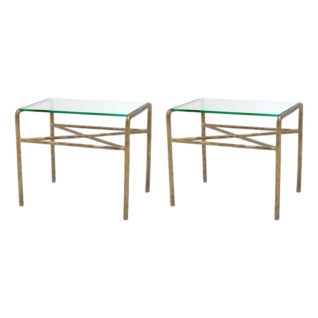 Vintage Brass Finish and Glass Side Tables, Set of 2 For Sale