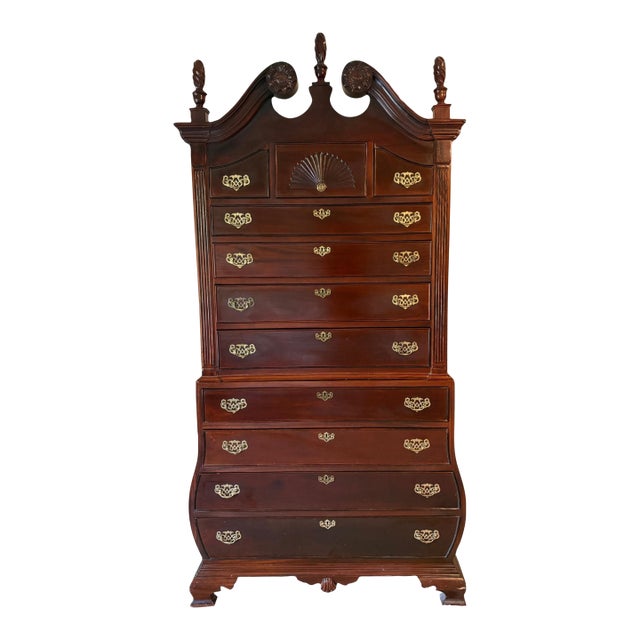Vintage Chippendale Style Mahogany Highboy Chest on Chest With Carved Bonnet Top & Working Keys For Sale