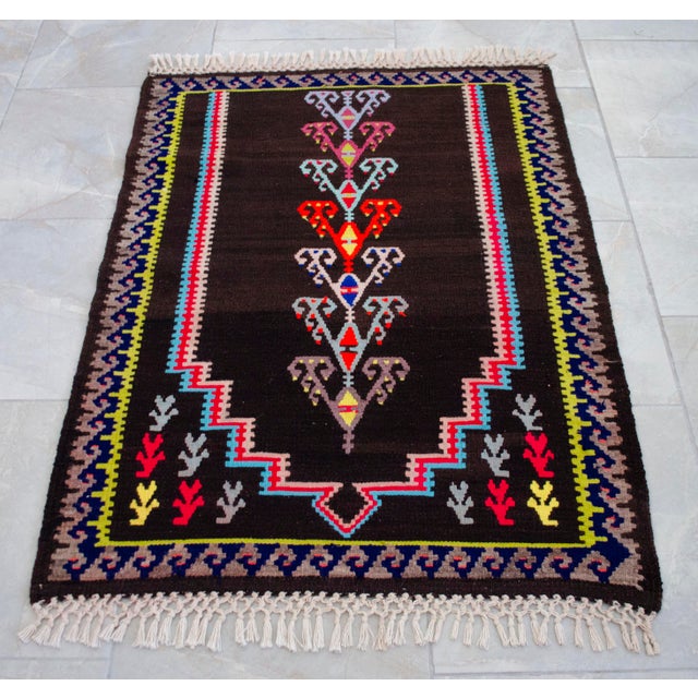Handwoven Kilim 3x4 - Vintage Turkish Prayer Rug - Dark Brown Organic Wool - Tree of Life Wall Hanging - Small Tribal Accent Rug For Sale - Image 6 of 11