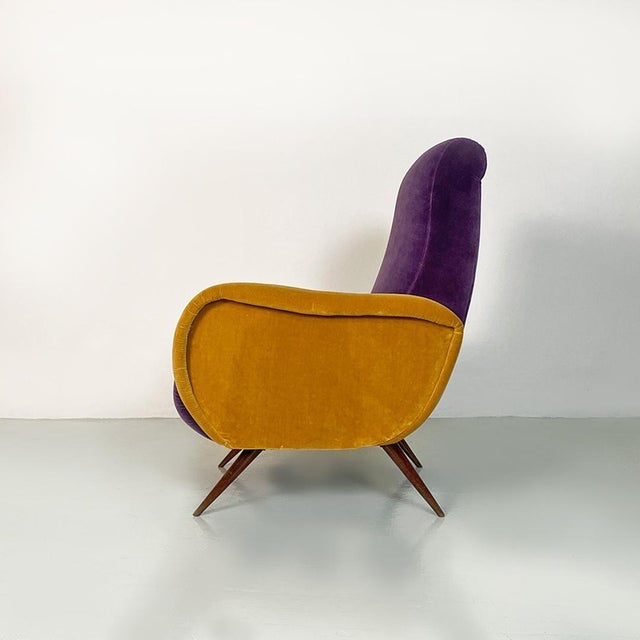 1960s Mid-Century Italian Purple and Yellow Armchair with Wood Conical Legs, 1960s For Sale - Image 5 of 14