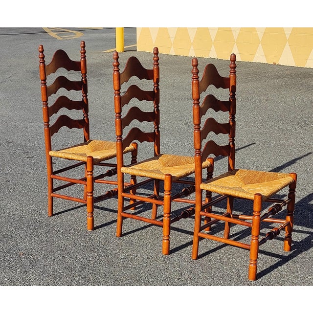 Mid 20th Century Mid 20th Century Ethan Allen Heirloom Nutmeg Maple Colonial Early American Ladder Back Dining Side Chairs Set of 3 For Sale - Image 5 of 10
