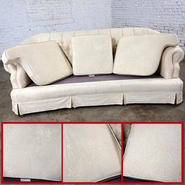 Vintage Hollywood Regency Curved Sofa Button Back Off-White Damask Fabric For Sale - Image 11 of 12