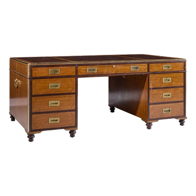 Baker Furniture Campaign Style Leather Top Partners Desk For Sale