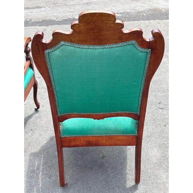 Late 19th Century Antique Victorian Art Nouveau Walnut Parlor Suite in Malachite Green, 3 Pieces For Sale - Image 5 of 10