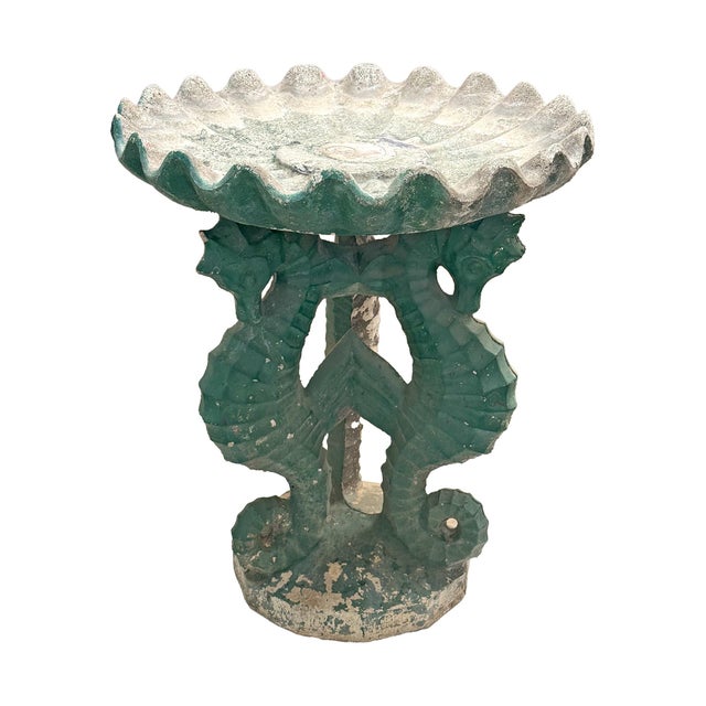 Modern 1950s Cast Stone Mottled Bird Bath With Seahorse Motif For Sale - Image 3 of 3