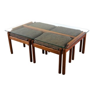 Glass Coffee Table and 4 Nesting Stools in Teak Attributed to Jorgen Baekmark - 6 Pieces For Sale